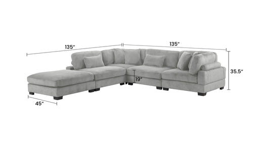 Gray Bentley Modular Sectional Sofa with dimensions 135x135 inches, featuring plush corduroy fabric and deep seating for modern interiors.