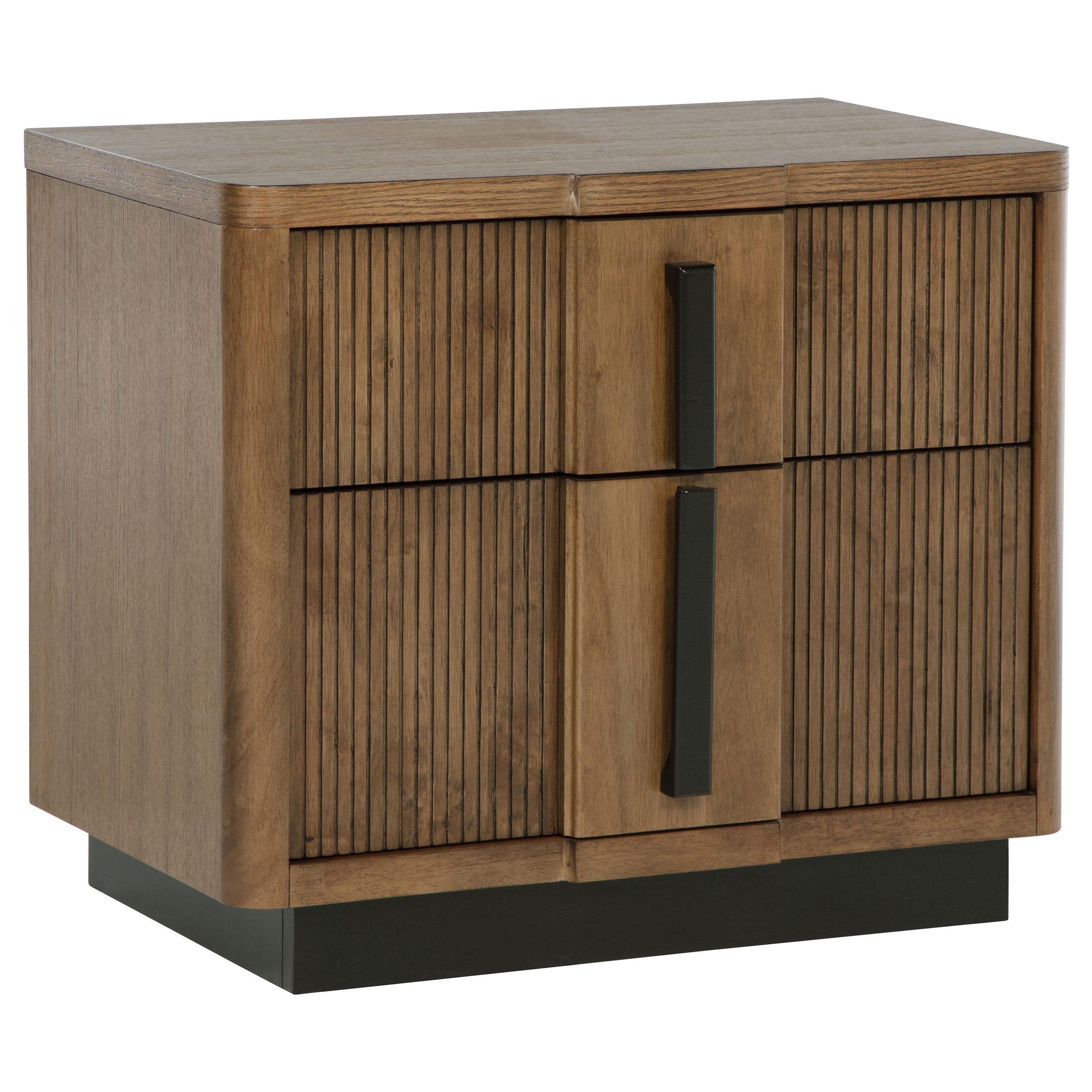 Ash brown wooden nightstand with two drawers, textured fluted paneling, and sleek black vertical handles on a black base.