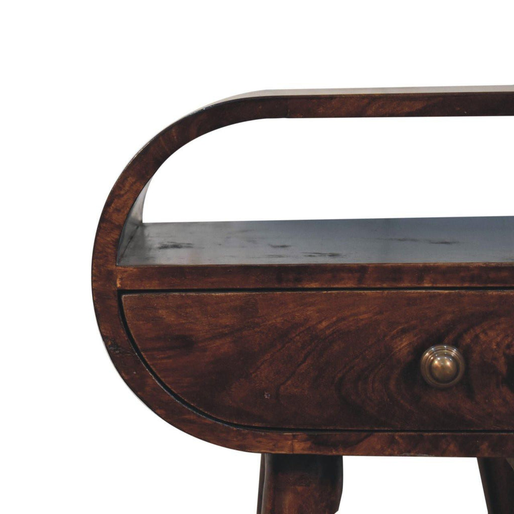 Solid Wood California Walnut Circular Bedside with 1-Drawer, Open Slot, Nordic Legs, Dark Brown.