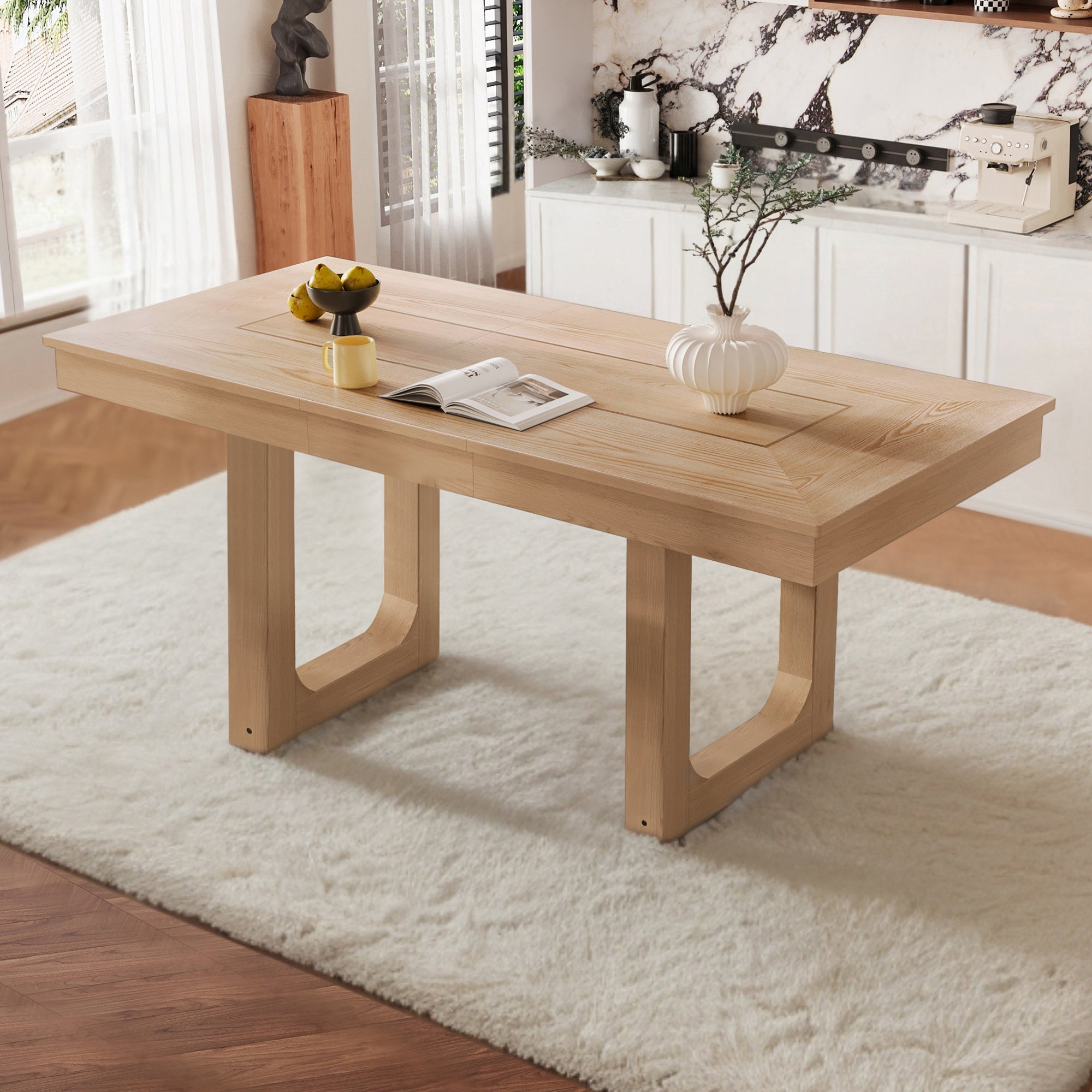 60-78 Inch Extendable Farmhouse Dining Table in Natural Rubberwood