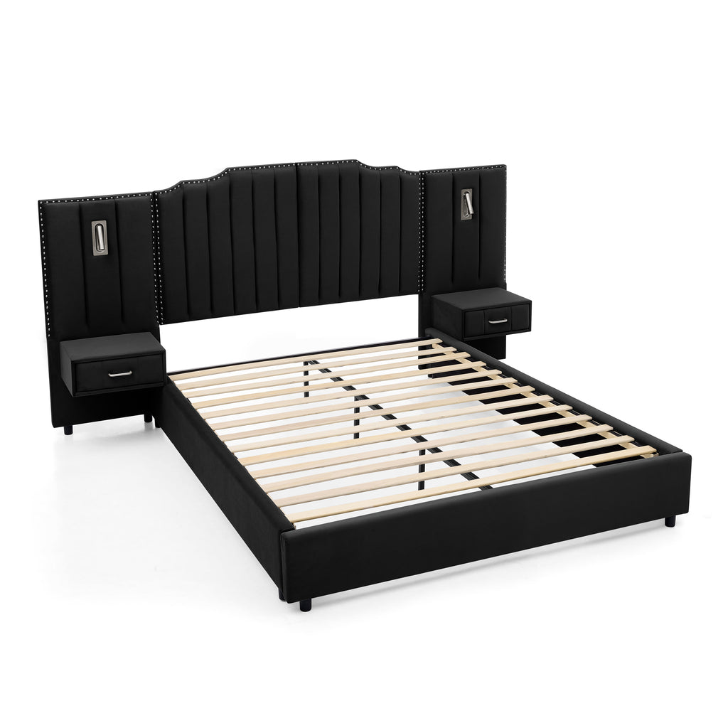 Queen upholstered bed frame in black velvet with vertical stripe headboard, built-in bedside tables, and no box spring needed.