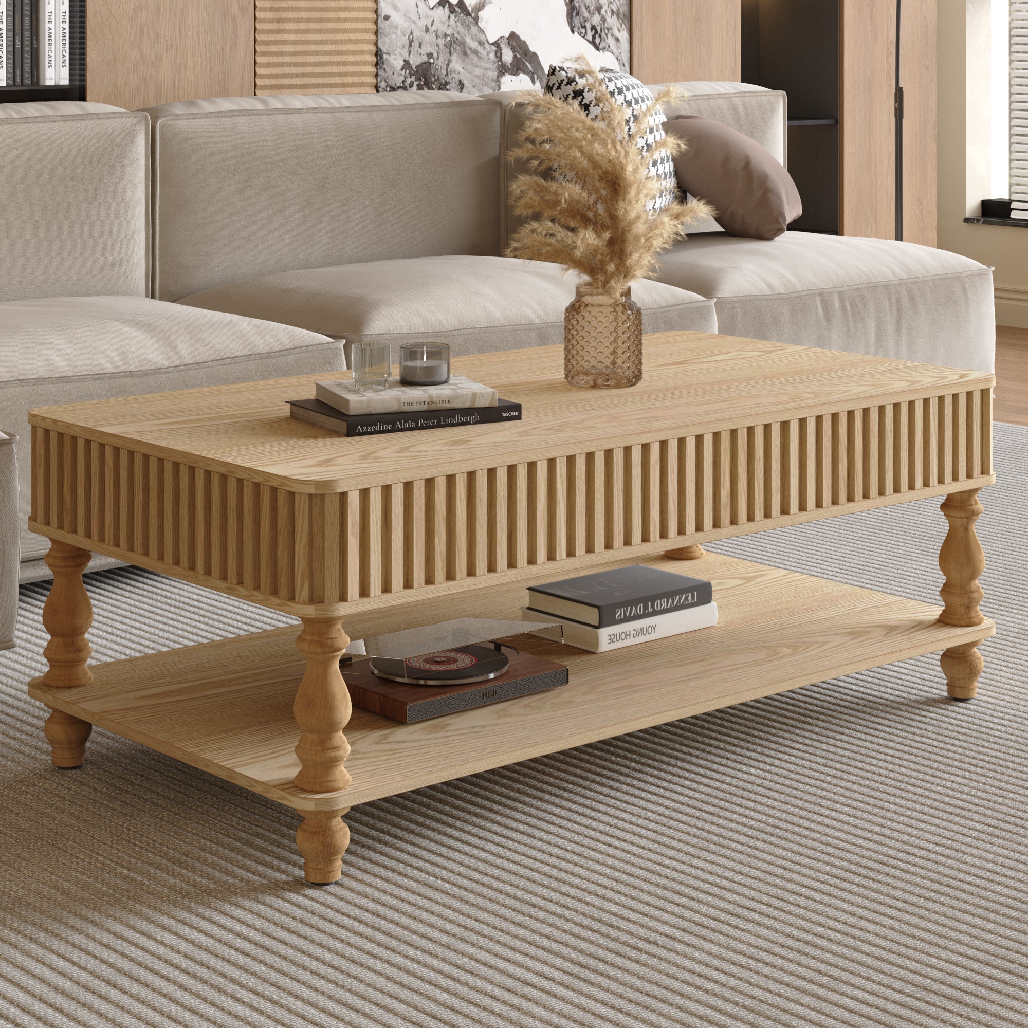 Angled view of solid wood lift top coffee table with Roman column legs and lower shelf, perfect for living room organization.