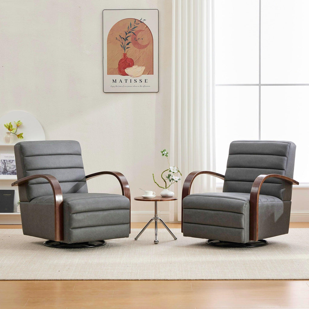 Modern Upholstered 360° Swivel Accent Chair with Solid Wood Armrests, Comfy Channel Tufted Lounge Reading Chair, Gray PU, 30.3'W.