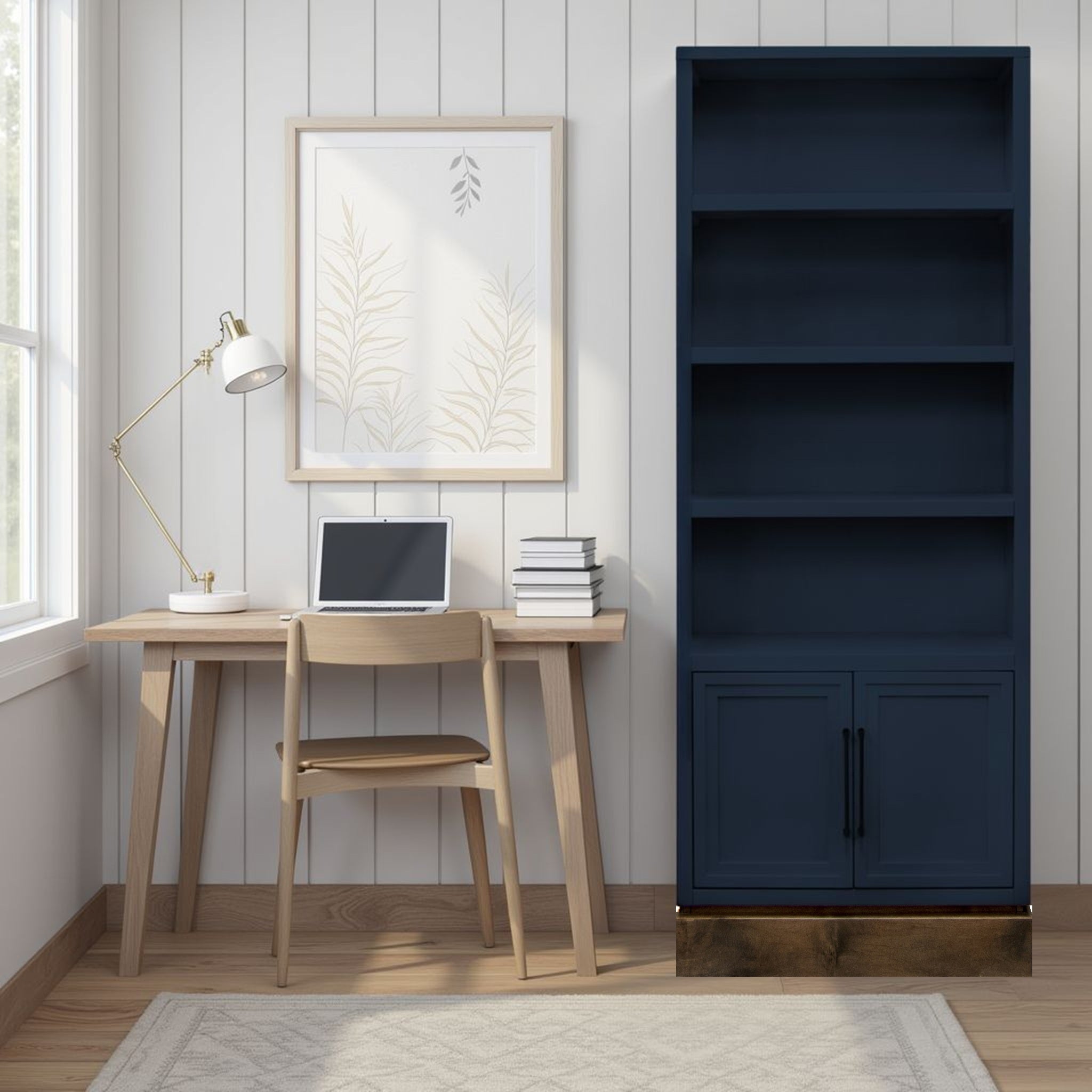 Nora 82 Inch Bookcase - Blue Denim & Whiskey Finish placed beside a light wood desk in a cozy, natural-toned workspace.