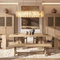 72-inch rustic dining bench in heritage light natural brown reclaimed elm with a sturdy trestle base design.