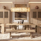 72-inch rustic dining bench in heritage light natural brown reclaimed elm with a sturdy trestle base design.