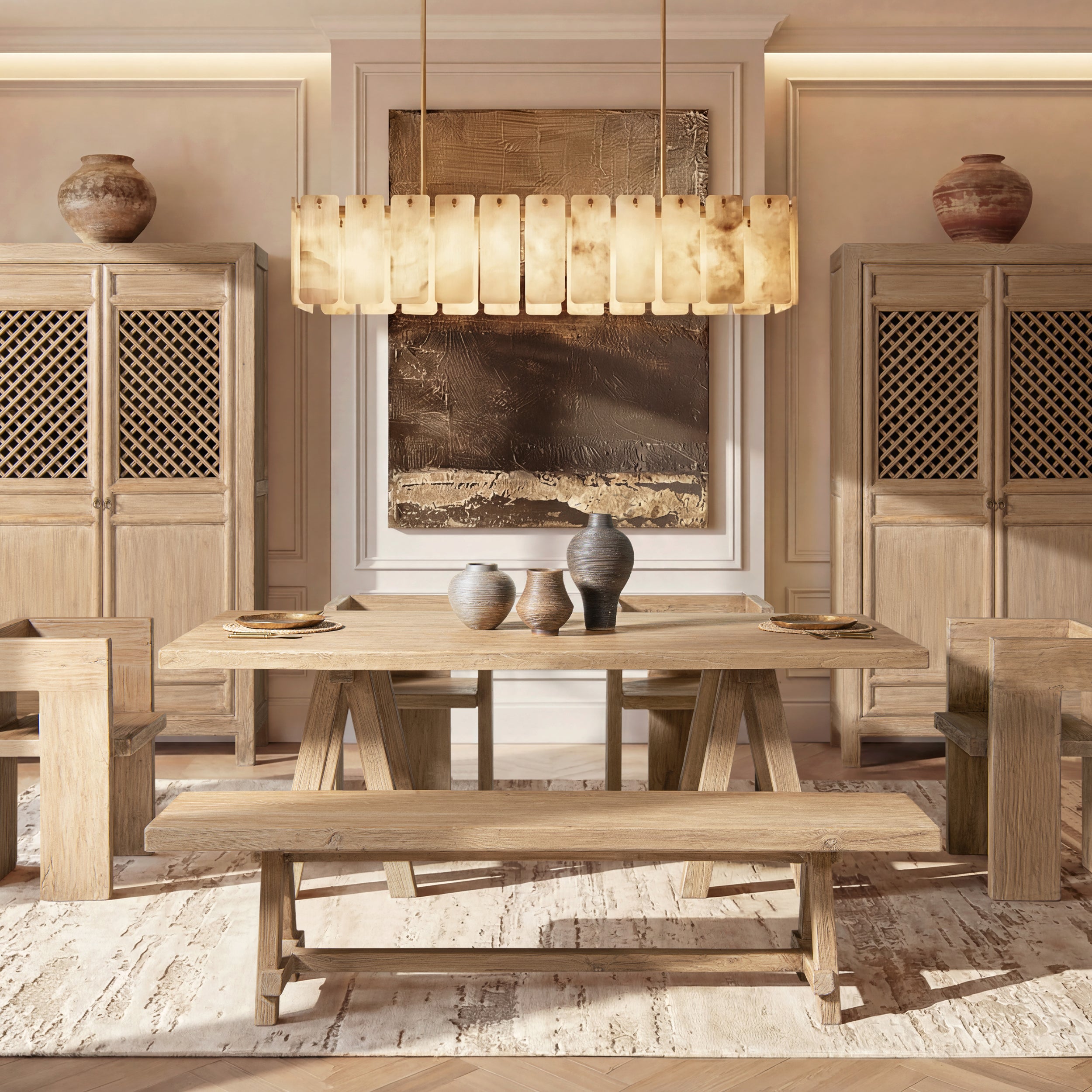72-inch rustic dining bench in heritage light natural brown reclaimed elm with a sturdy trestle base design.