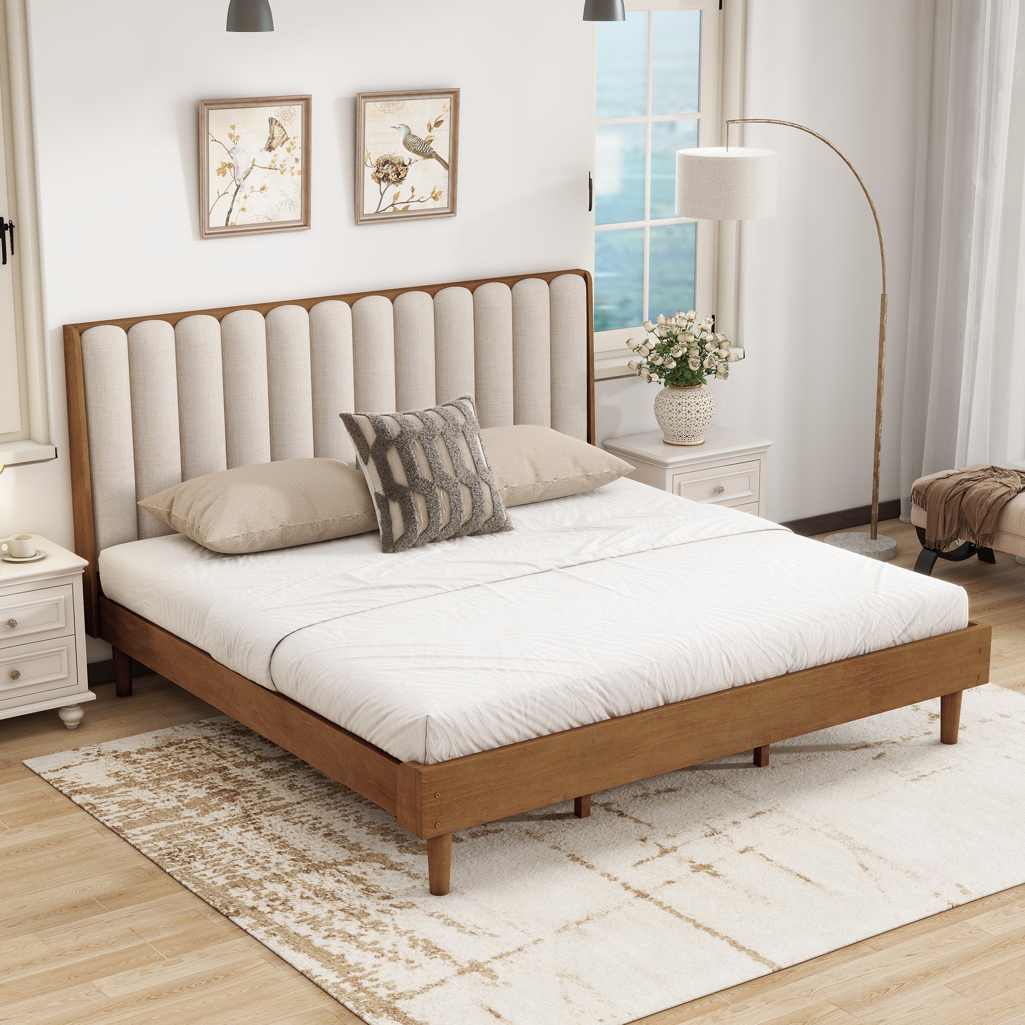 King size wood bed with wheat-colored, vertical piano-key upholstered headboard in a modern bedroom setting.