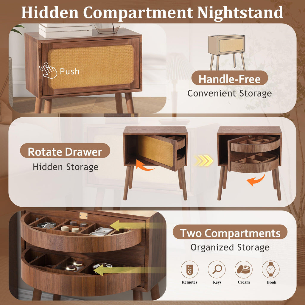 Rotating Hidden Compartment Nightstands - Walnut Rattan Table.