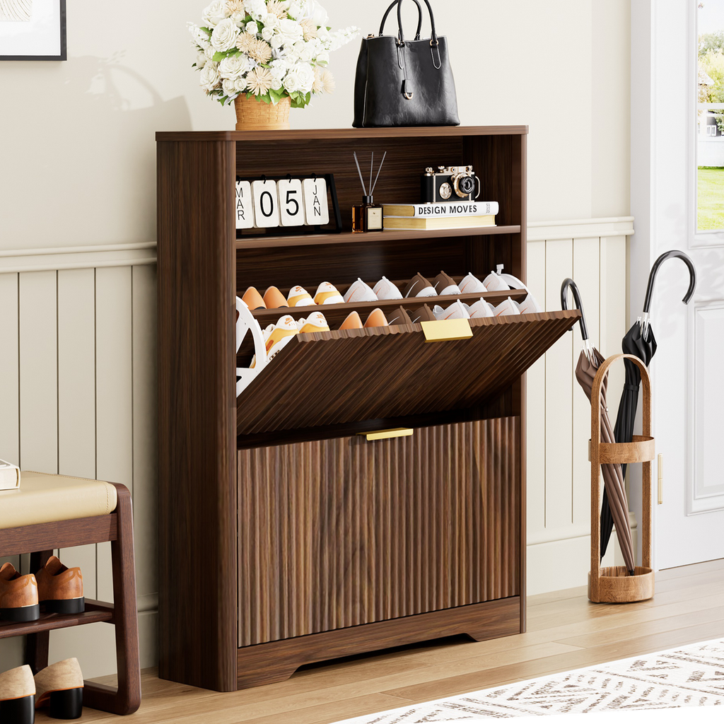 Shoe Storage Cabinet for Entryway with Flip Drawers - Walnut