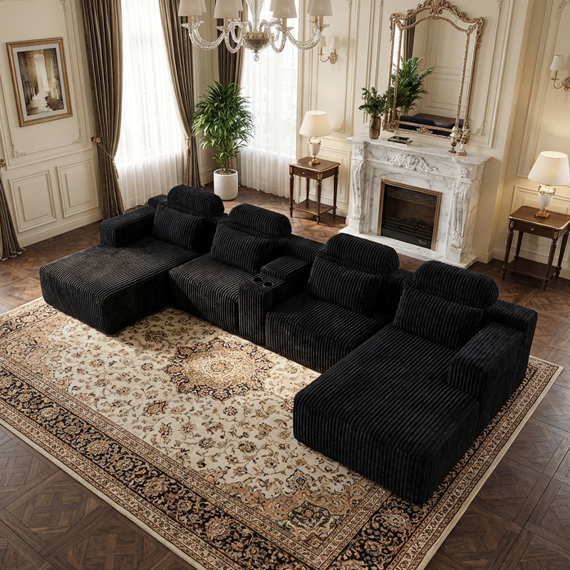 144-Inch Modular Black Velvet L-Shaped Sectional Sofa with Chaise