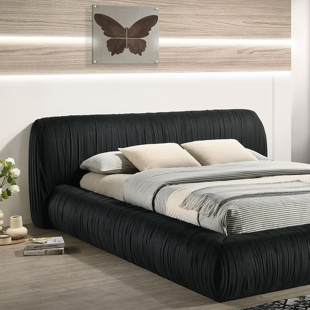 Black Upholstered King Size Bed with Pleated Design.