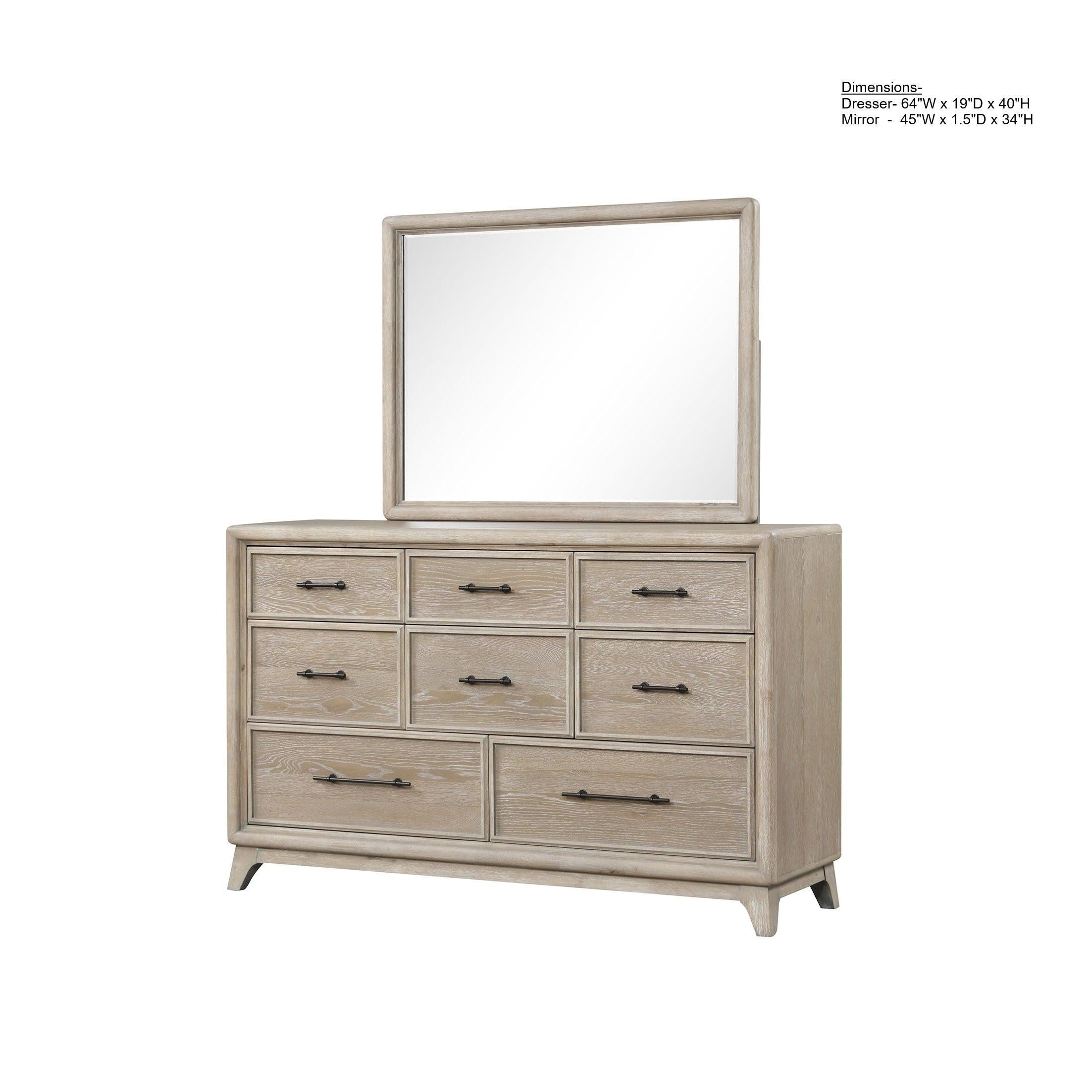 Oak Finish Eight Drawers Dresser with Mirror in Solid Rubberwood.