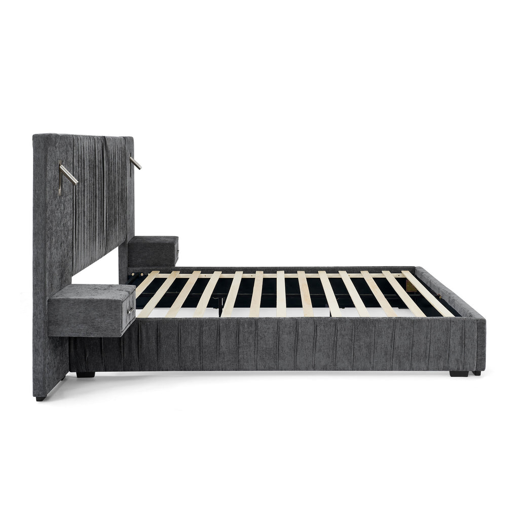Side profile of queen upholstered bed frame with slats. Built-in bedside tables and lamps enhance the solid frame and modern design.