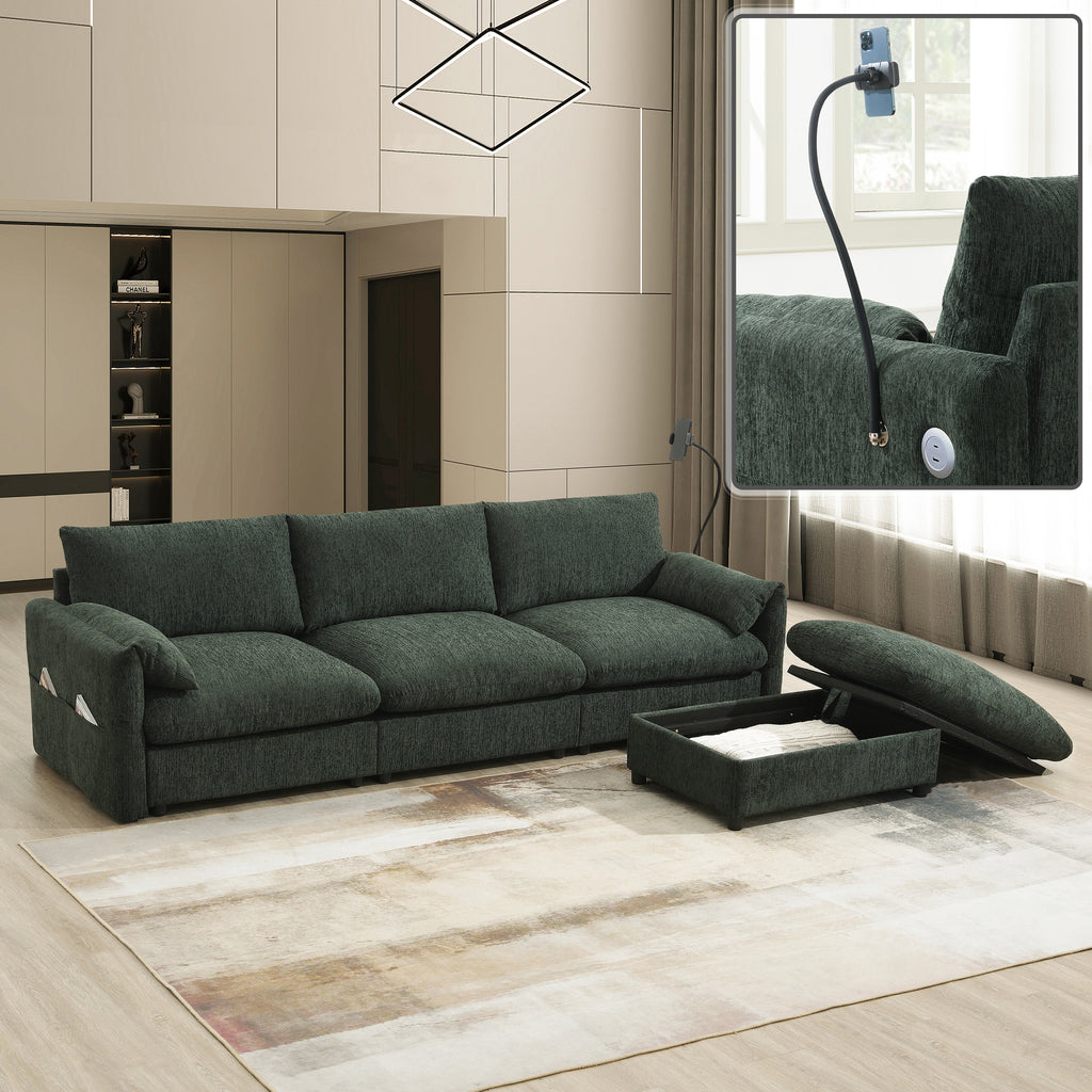 L-Shaped Sectional Sofa with Storage Ottoman and USB Charger