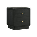 Modern black wood 2-drawer nightstand with rounded corners, a pedestal base, and small gold spherical knobs.