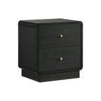 Modern black wood 2-drawer nightstand with rounded corners, a pedestal base, and small gold spherical knobs.