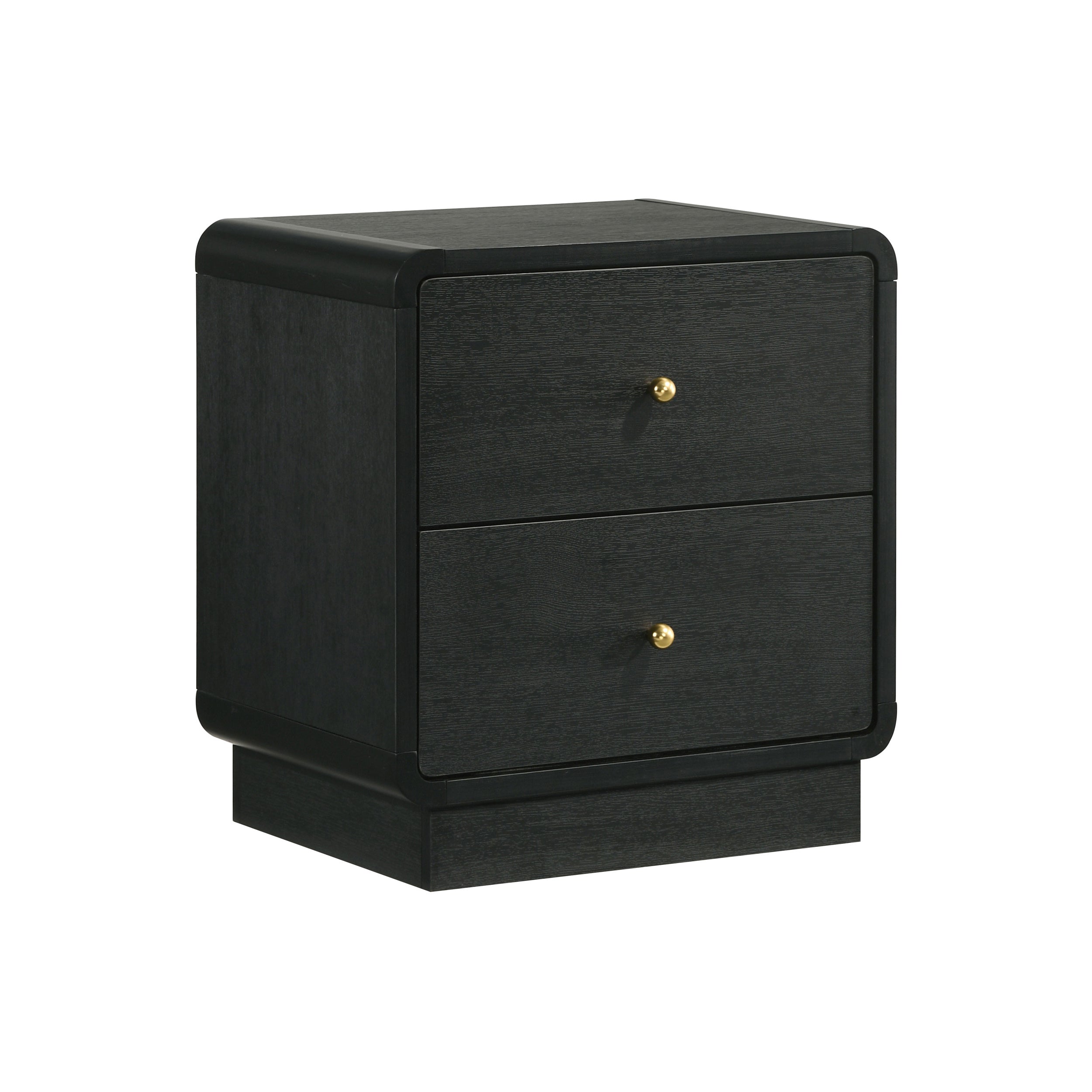 Modern black wood 2-drawer nightstand with rounded corners, a pedestal base, and small gold spherical knobs.