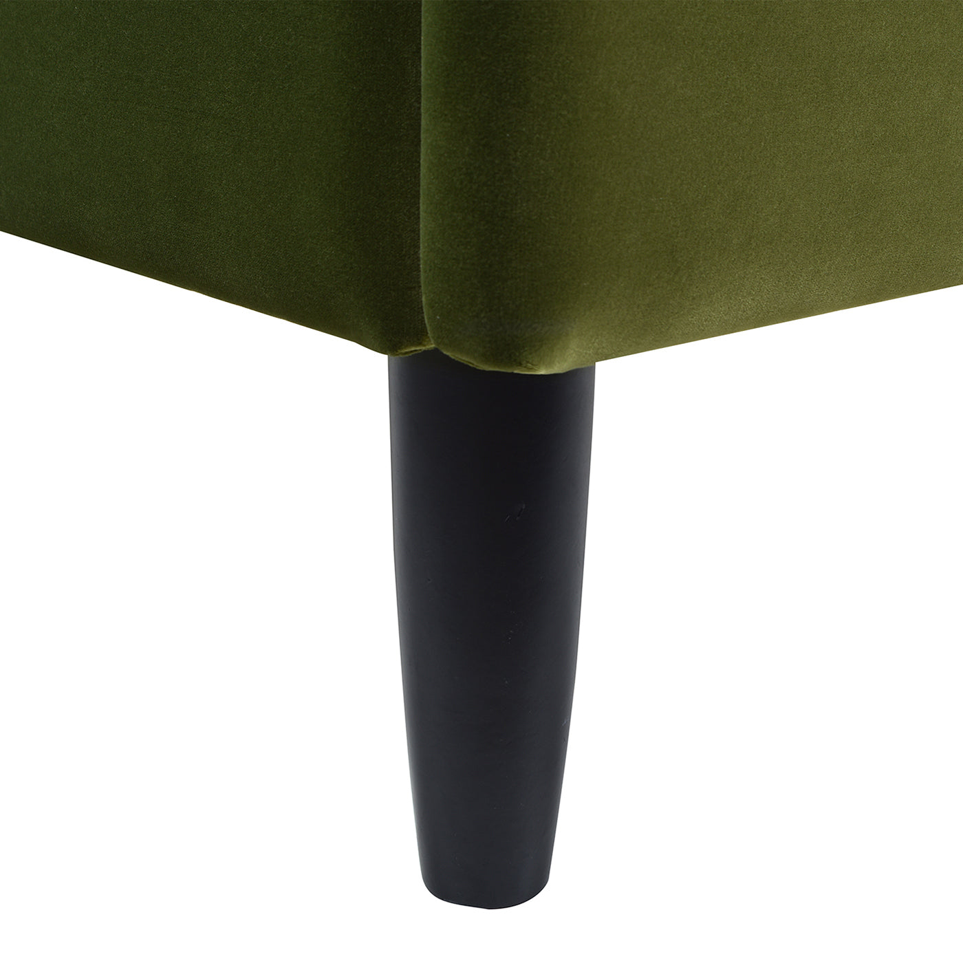 Close-up of Aspen Olive Green Velvet King Bed Set leg, emphasizing the tapered black wood leg and plush velvet corner finish.