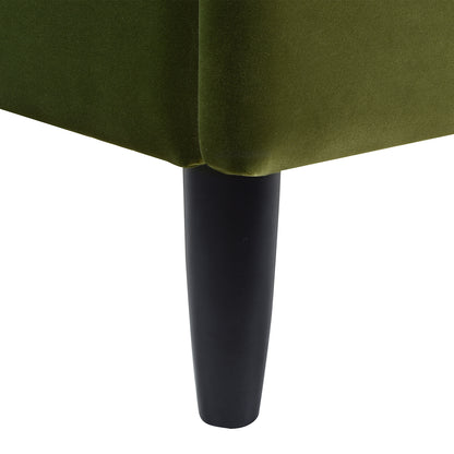 Close-up of Aspen Olive Green Velvet King Bed Set leg, emphasizing the tapered black wood leg and plush velvet corner finish.