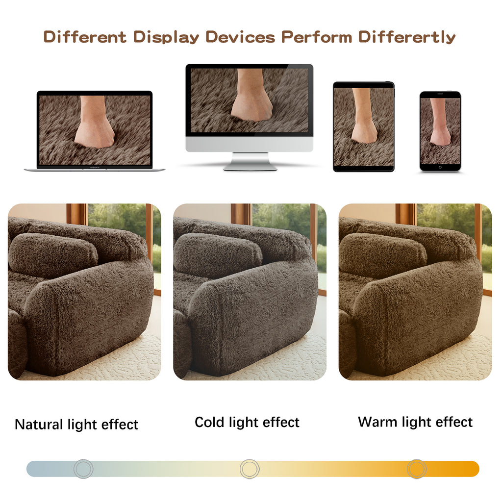 Display variations of plush 2-seater sofa under natural, cold, and warm lighting conditions across different devices.