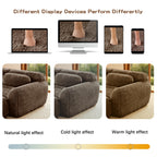 Display variations of plush 2-seater sofa under natural, cold, and warm lighting conditions across different devices.