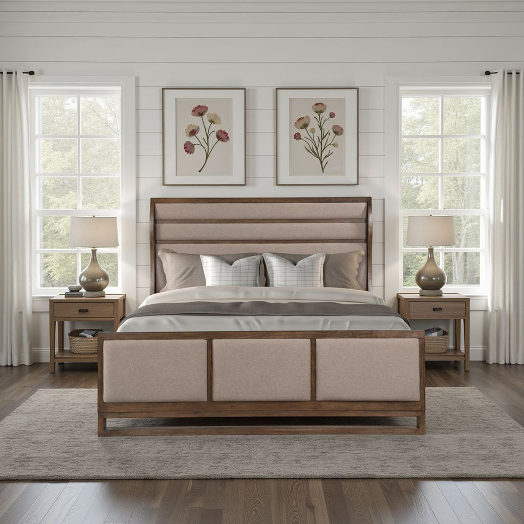Arcadia queen bed with Old Forest Glen wood frame, horizontal upholstered headboard, and neutral padded footboard.