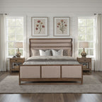 Arcadia queen bed with Old Forest Glen wood frame, horizontal upholstered headboard, and neutral padded footboard.