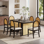 TREXM 7-Piece Farmhouse Dining Table Set for 6 - 59.8' Rectangular Dining Table with Distressed Oak Veneer and 6 Rattan Chairs, Rustic Kitchen Furniture for Dining Room(Espresso).