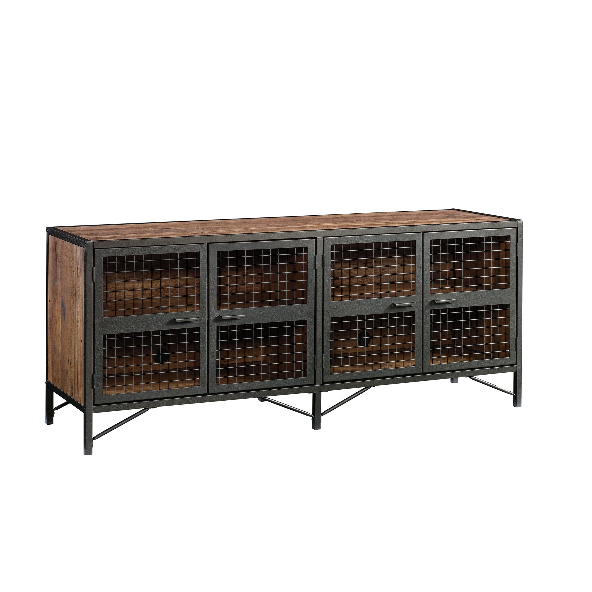 Industrial Brown TV Credenza for TVs up to 70' with mesh metal doors and wood finish, ideal for modern living room storage.