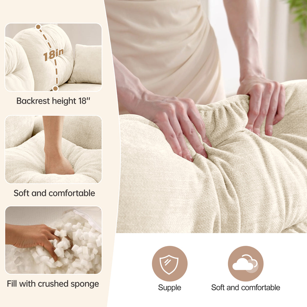 Details of chenille fabric sofa cushions showing 18-inch backrest height, soft touch, and crushed sponge filling for comfort.