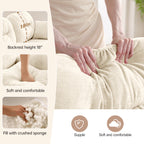 Details of chenille fabric sofa cushions showing 18-inch backrest height, soft touch, and crushed sponge filling for comfort.