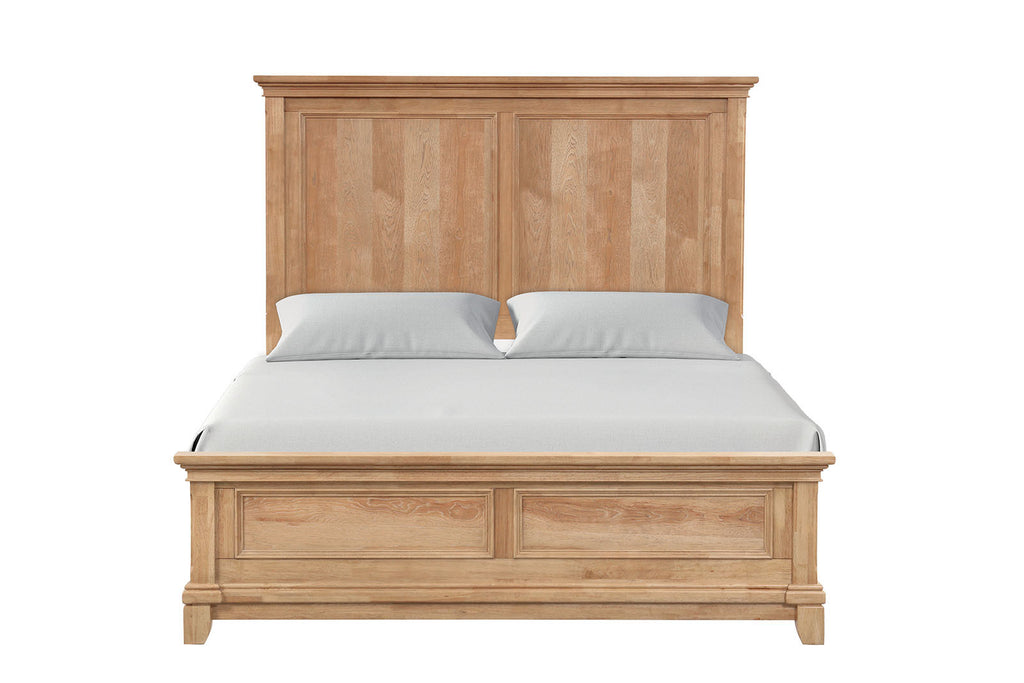 Front view of farmhouse full size bed in oak finish with detailed plank headboard and footboard, made from durable wood materials.