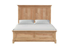 Front view of farmhouse full size bed in oak finish with detailed plank headboard and footboard, made from durable wood materials.