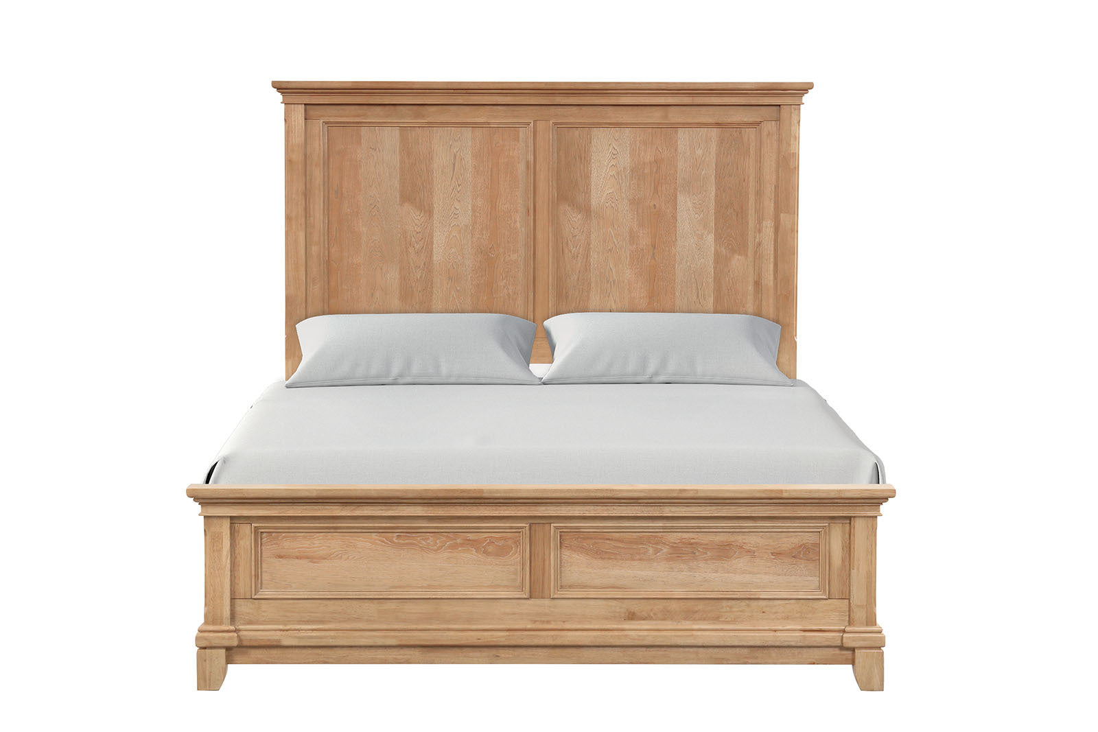 Front view of farmhouse full size bed in oak finish with detailed plank headboard and footboard, made from durable wood materials.