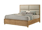 Queen Storage Platform Bed - Solid Wood, Plush - Modern bed with closed storage drawers and upholstered headboard in a natural wood finish.