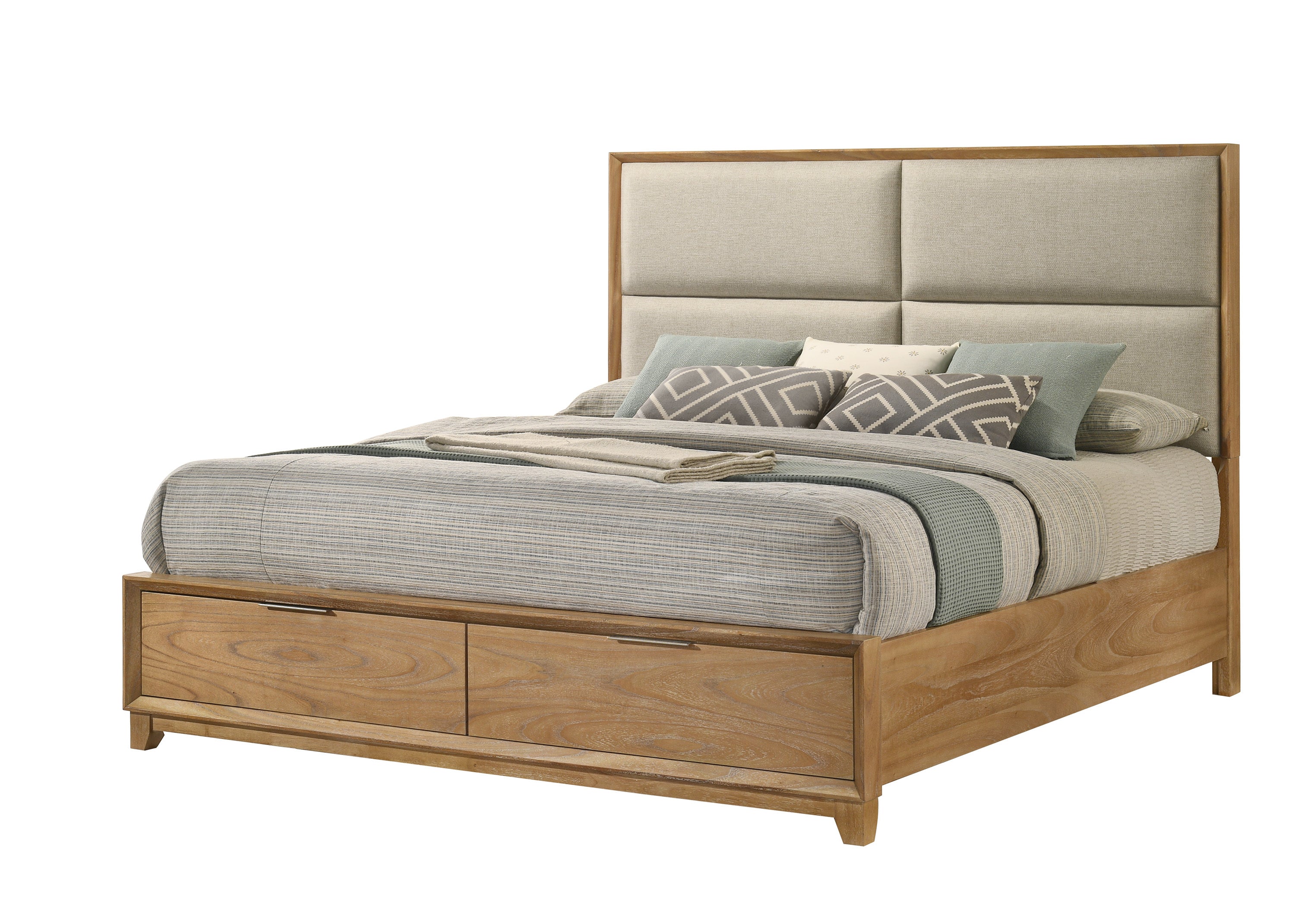 Queen Storage Platform Bed - Solid Wood, Plush - Modern bed with closed storage drawers and upholstered headboard in a natural wood finish.