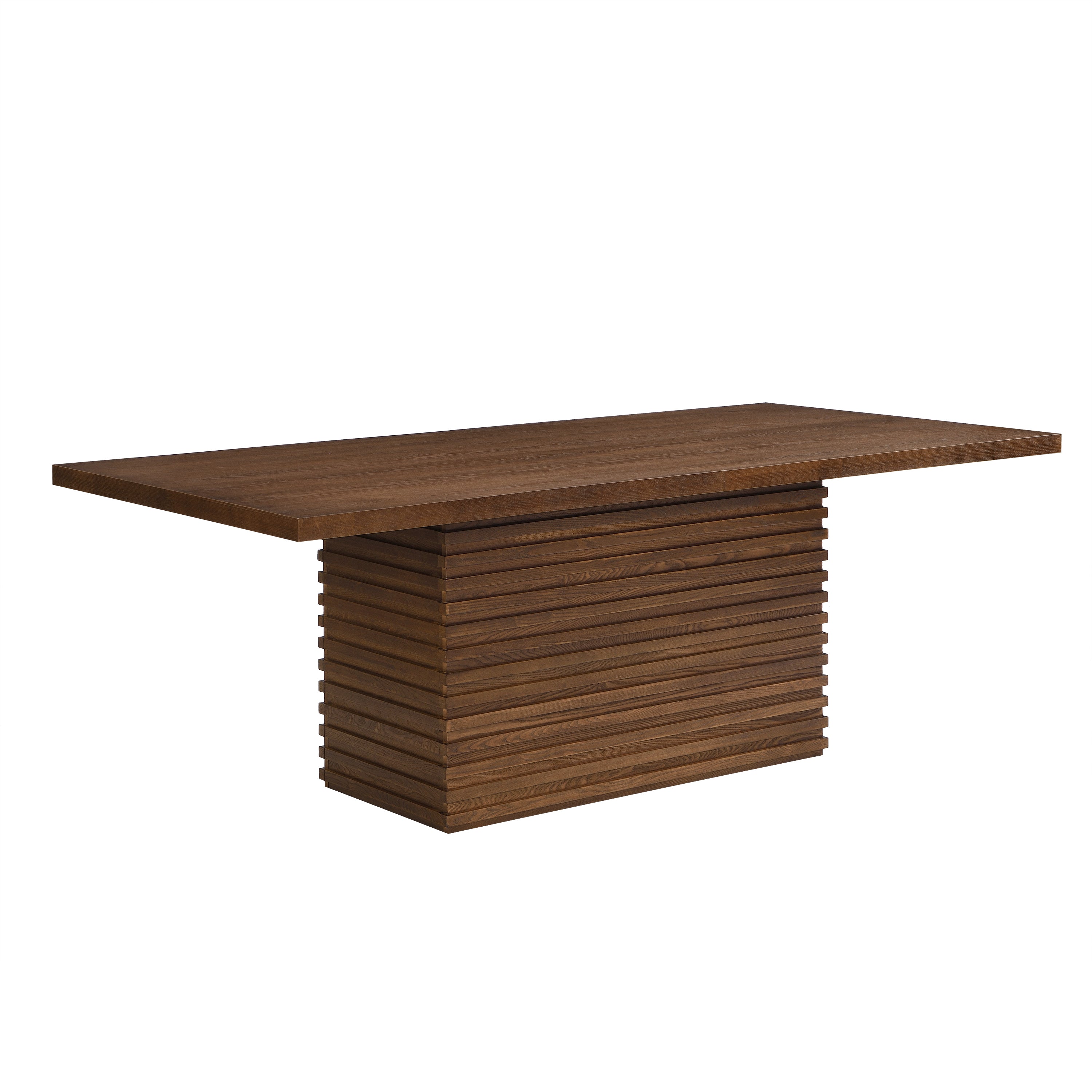Coad 84-inch Walnut Dining Table with solid wood construction and ribbed pedestal base, seats 6 comfortably in modern dining spaces.