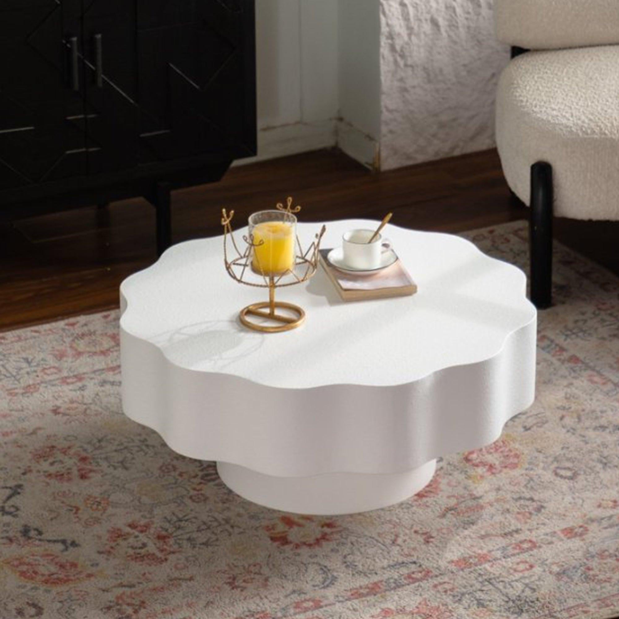 Scalloped White Coffee Table for Modern Living Spaces.