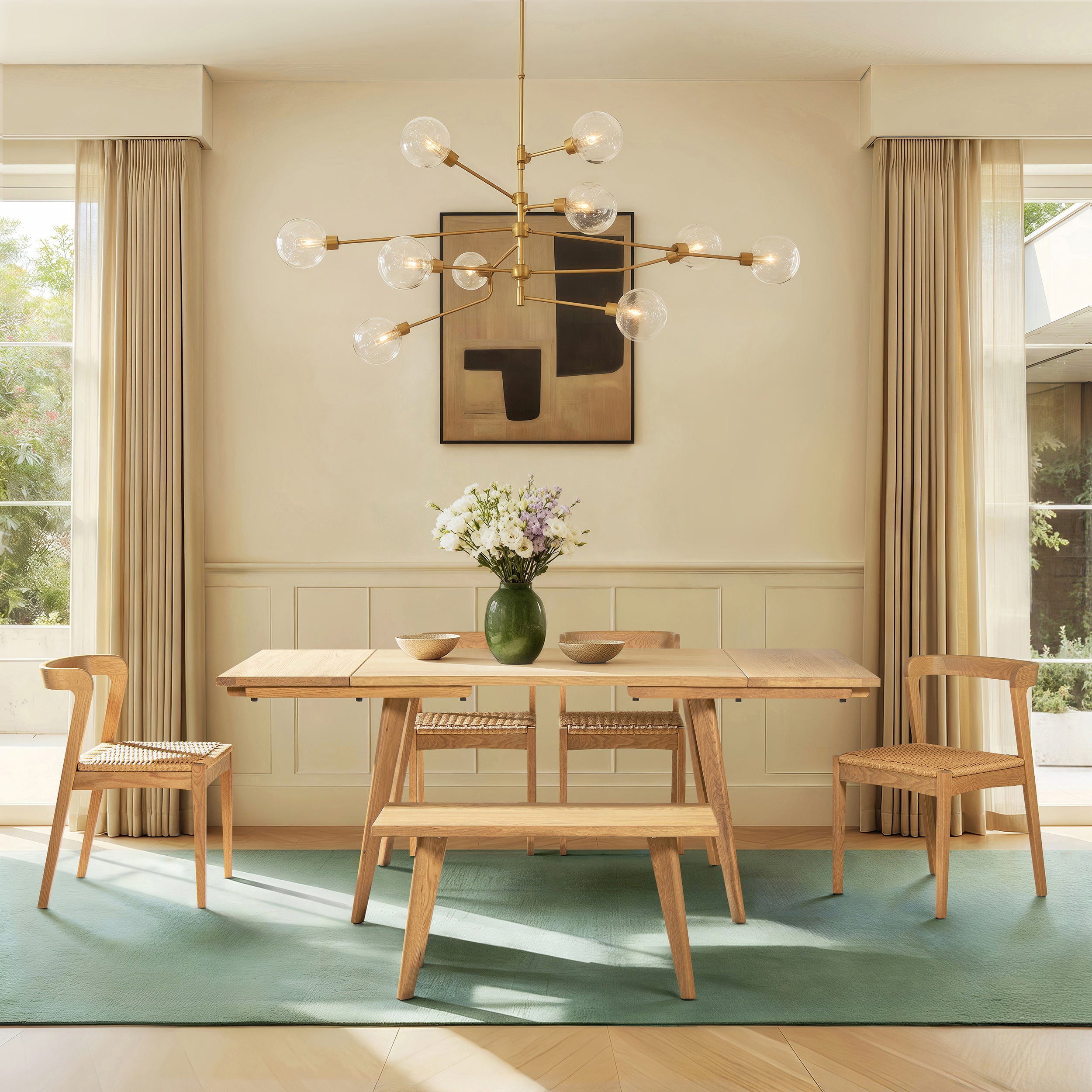 Capri Oak Wood Dining Chair in natural brown red oak featured in a modern dining room with a matching table and bench, ideal for stylish interiors.