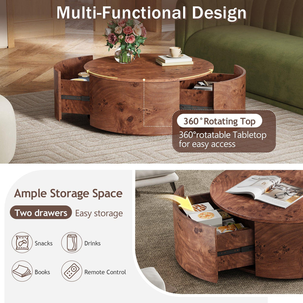 Burl Wood Coffee Table with Drawers - 360° Rotating Top.