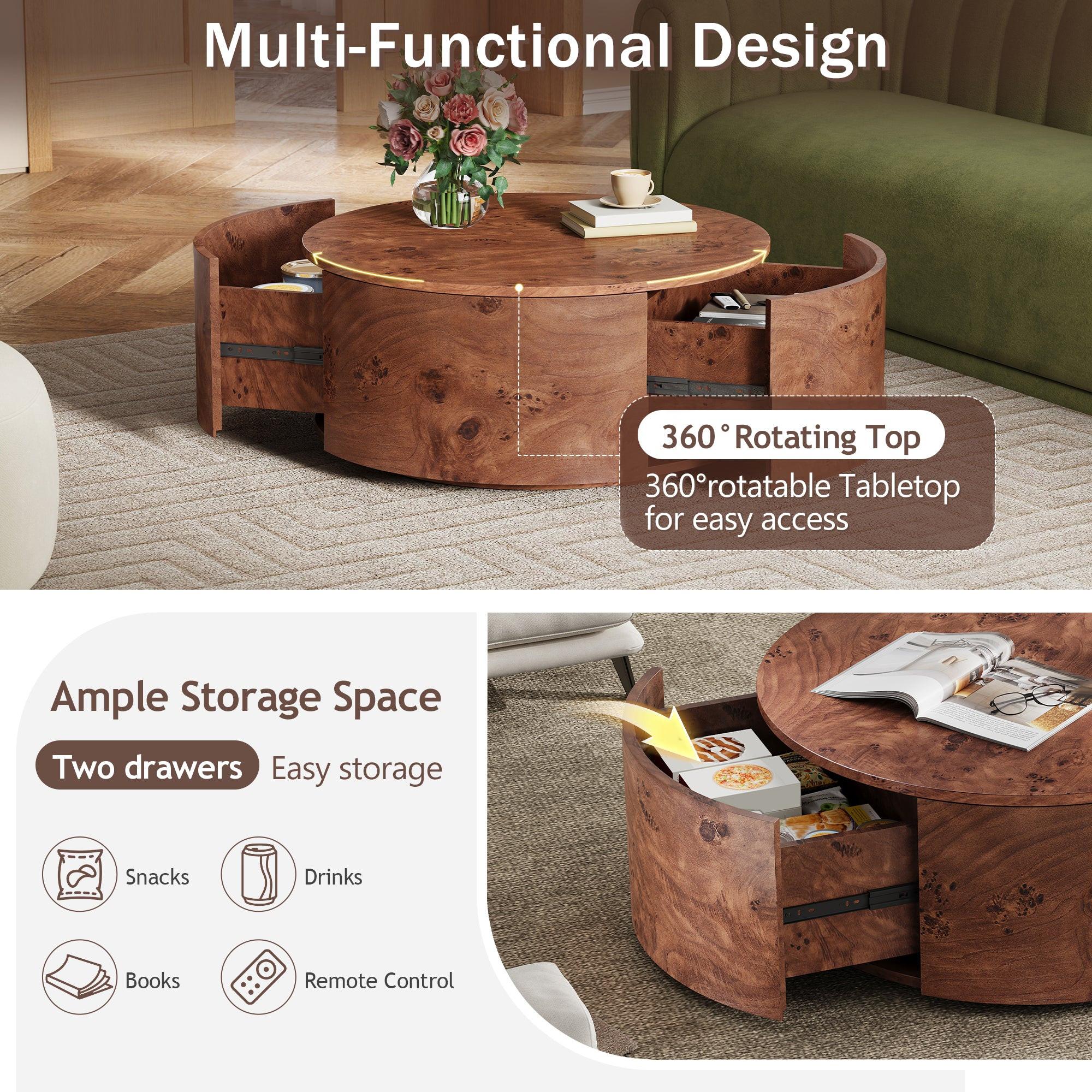 Burl Wood Coffee Table with Drawers - 360° Rotating Top.