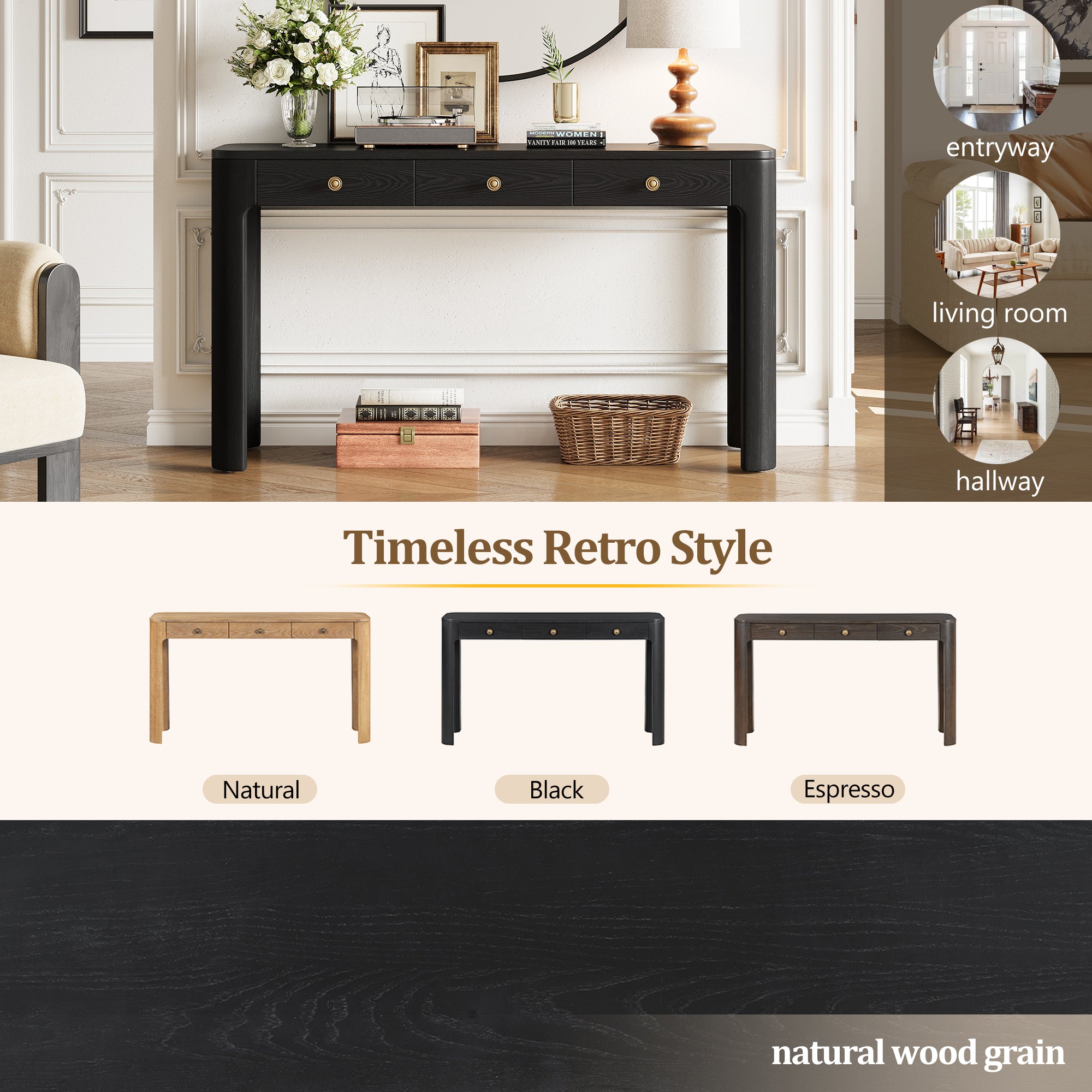 TREXM rustic console table in black, natural, and espresso finishes, highlighting its retro style and natural wood grain texture.