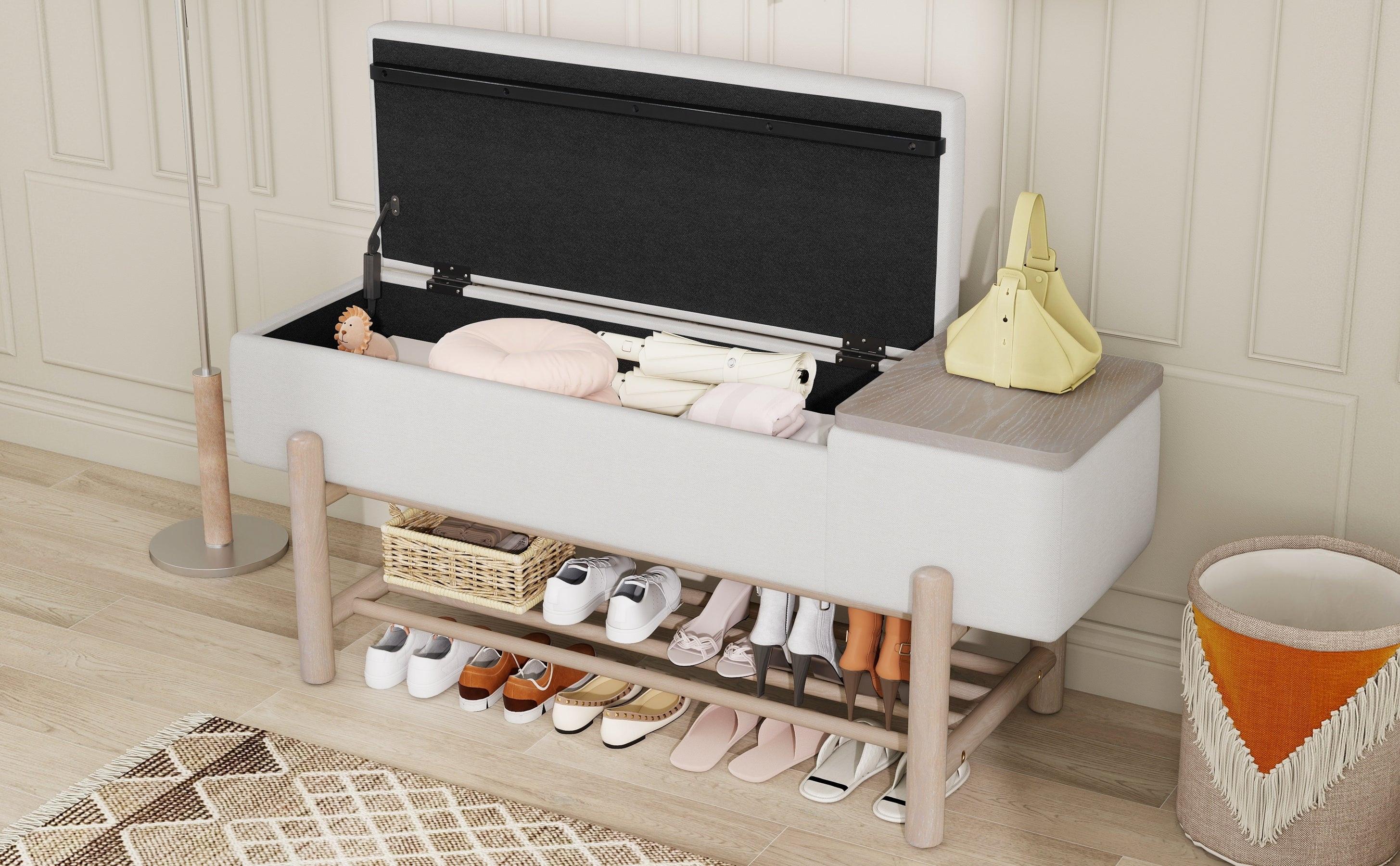 TREXM Farmhouse Upholstered Storage Bench with Hidden Compartment, Modern Entryway Bench for Living Room, Entryway, and Hallways (Natural).