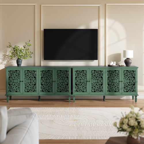 60' Antique Buffet Cabinet with Floral Carvings with Solid Wood Legs&Antique Brass Handles&Adjustable Shelves, TV Stand for 65''+ TV, Sideboard for Living Room,Dining Room(Antique Green)