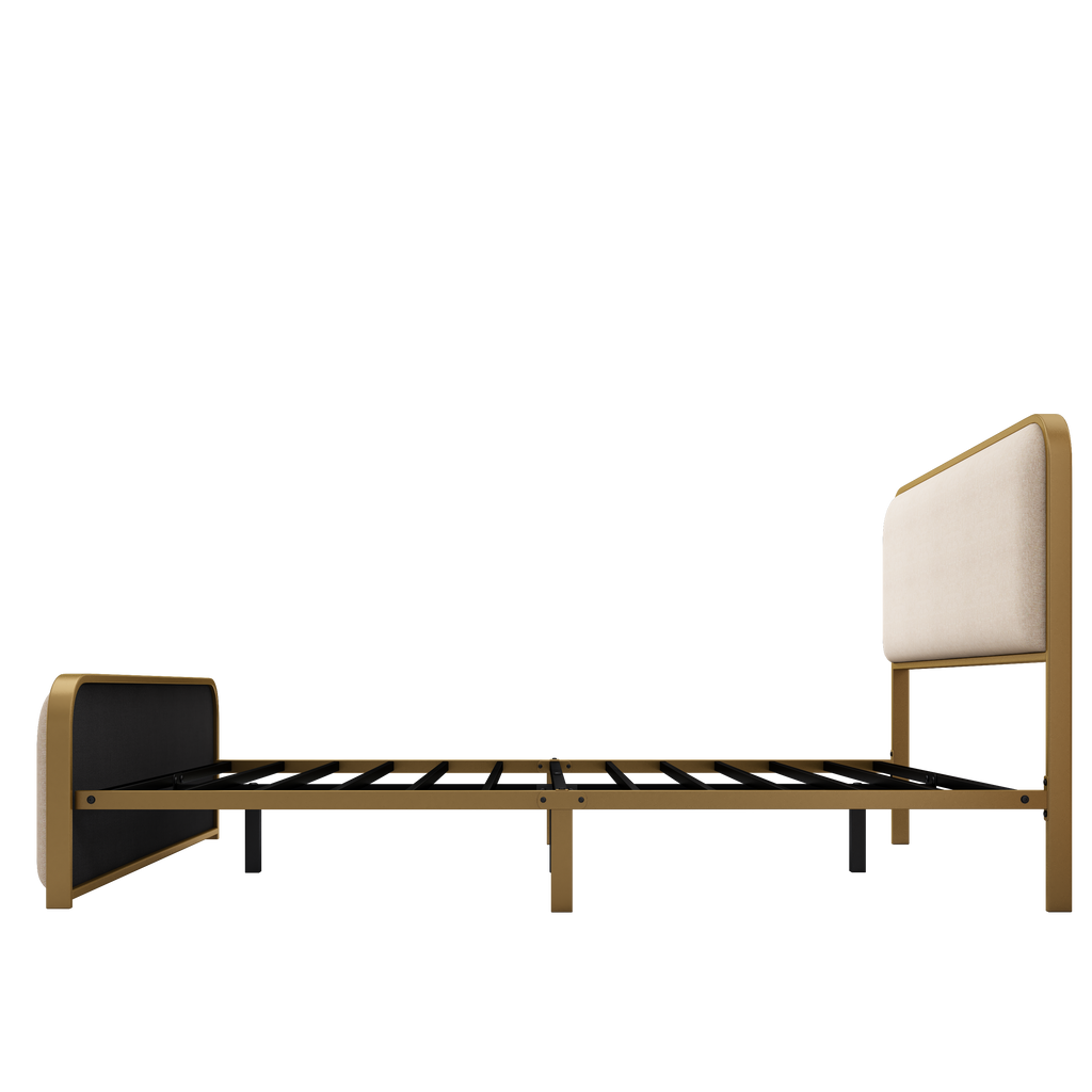 Queen Metal Bed Frame with Upholstered Headboard and Storage.