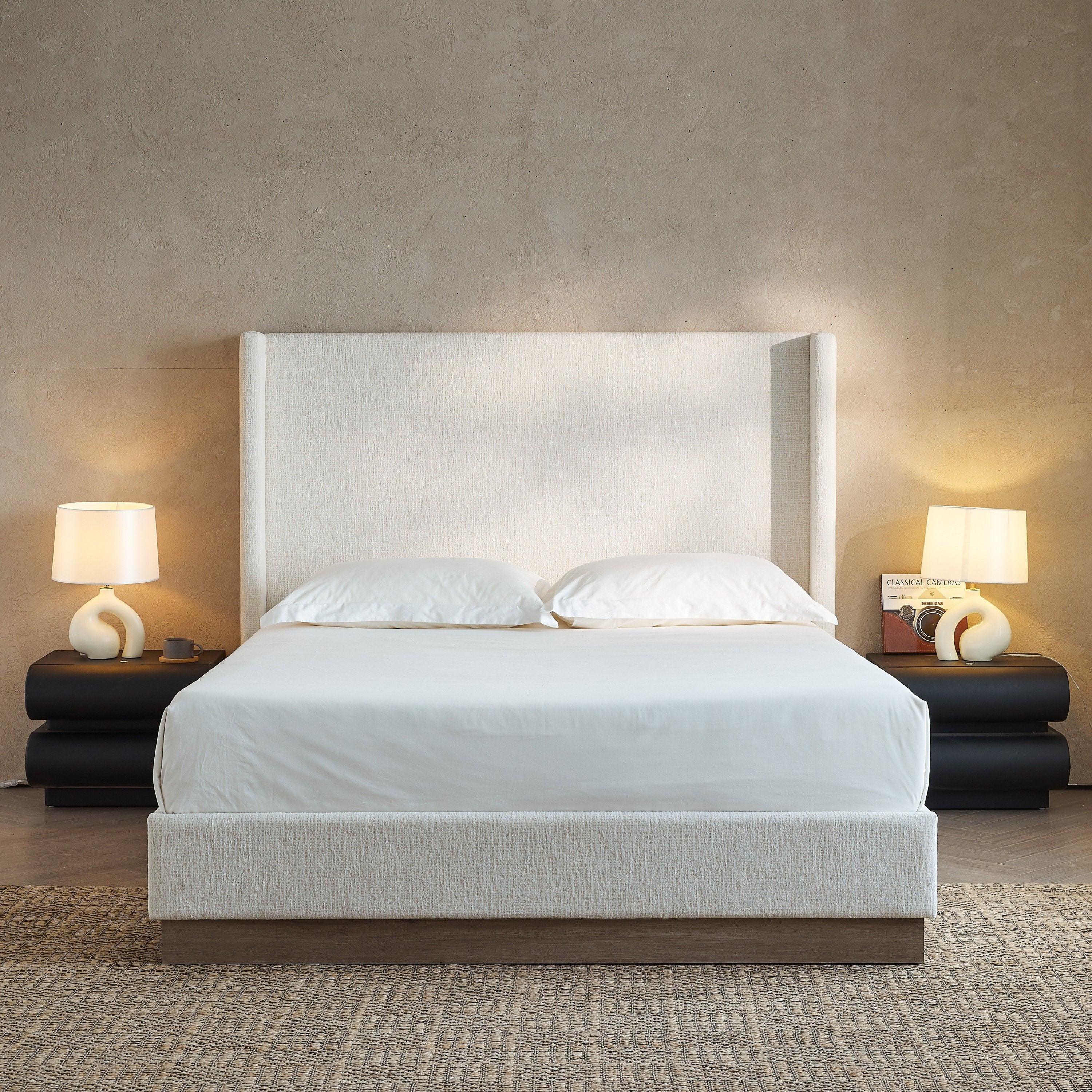 Hosford Upholstered Wingback Bed - Full Size with Wood Base.