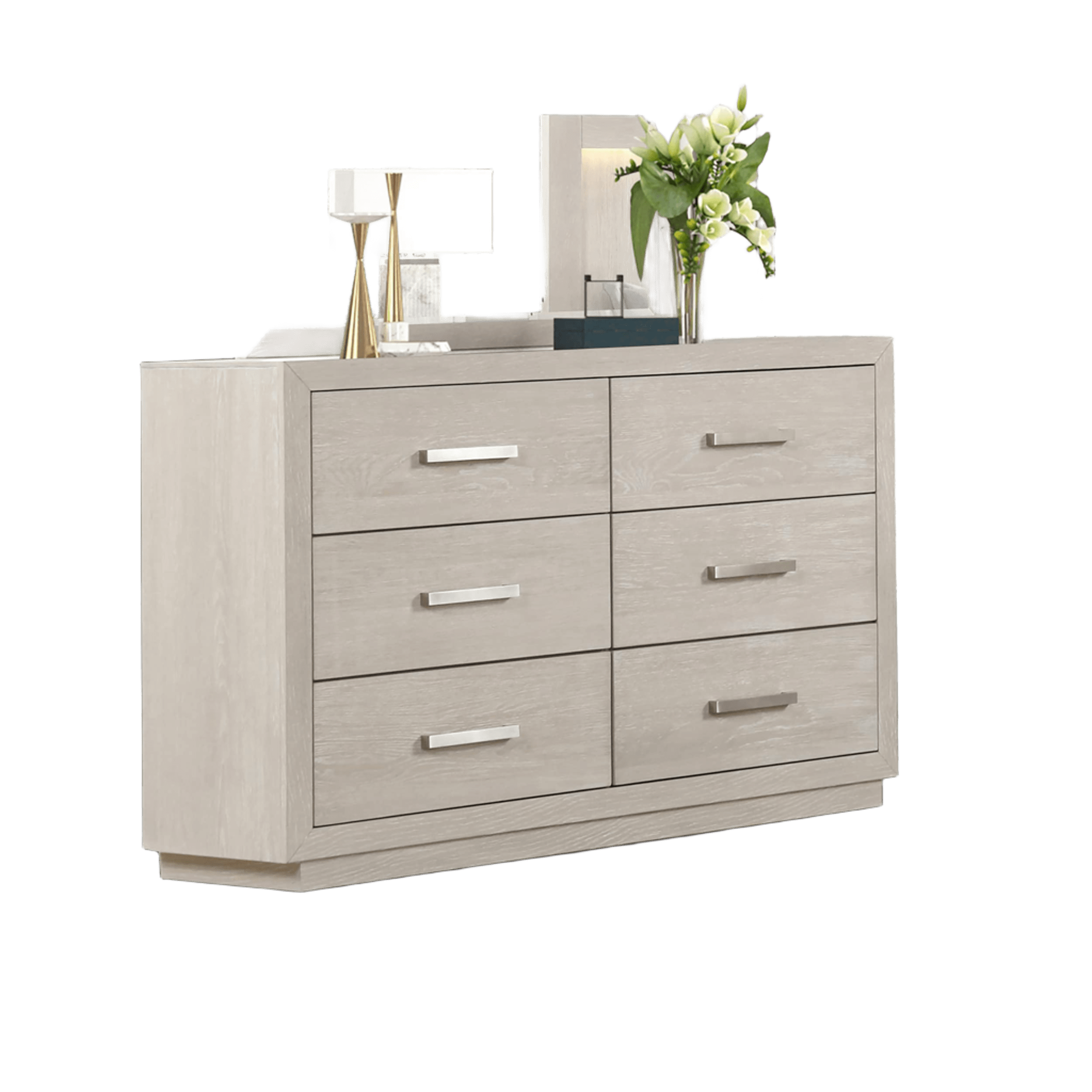 Light Gray Dresser with Mirror - Six Drawers Storage.