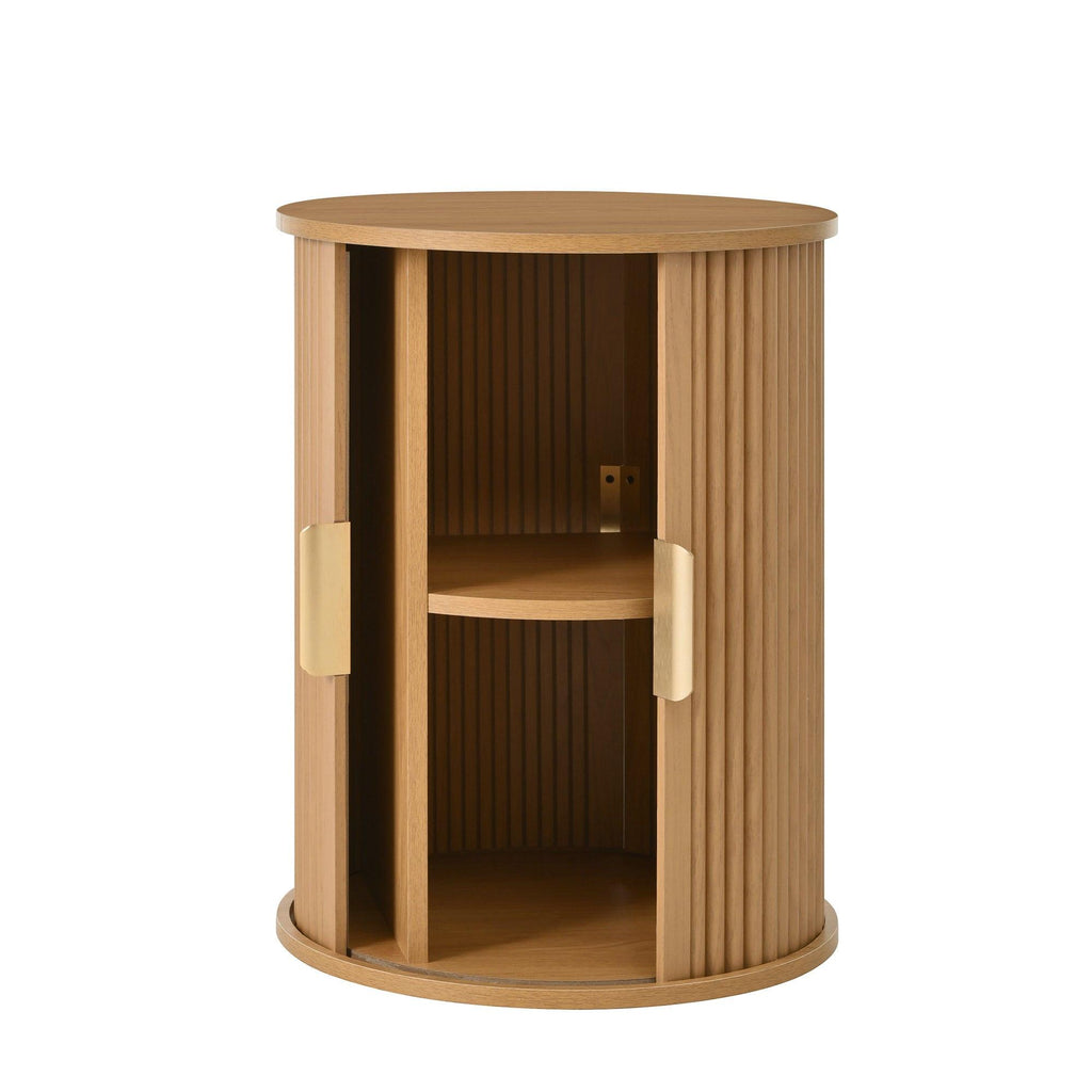 [Assembly Video]Mid-Century Coffee Table Set with Sliding Tambour Door, Round Fluted End Table With Storage, Golden Handle Tall & Low Side Table with Wooden Finish for Living Room, Set of Two ,Natural.