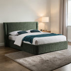 Cheryl Dark Green Chenille Queen Bed with Padded Headboard